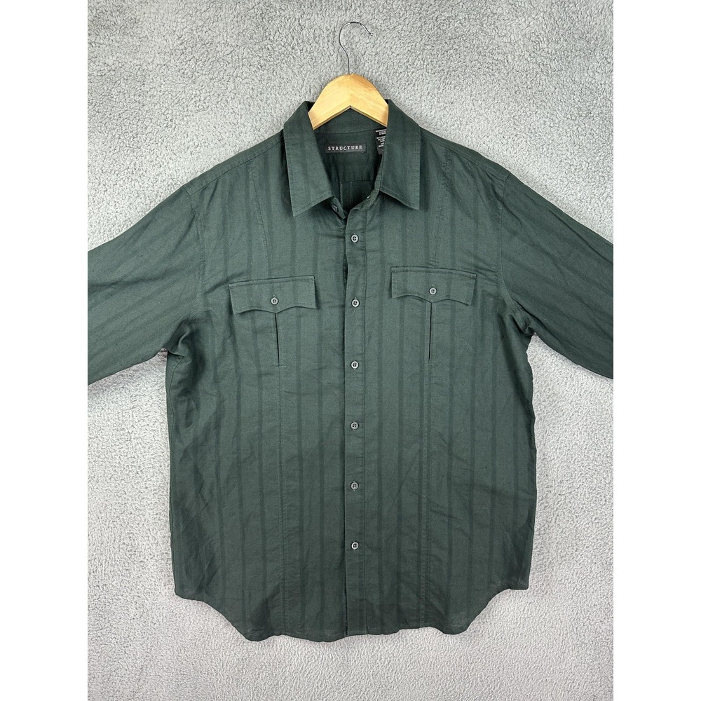 Structure Western Shirt Mens Large Green Washable Linen Button Front Long Sleeve